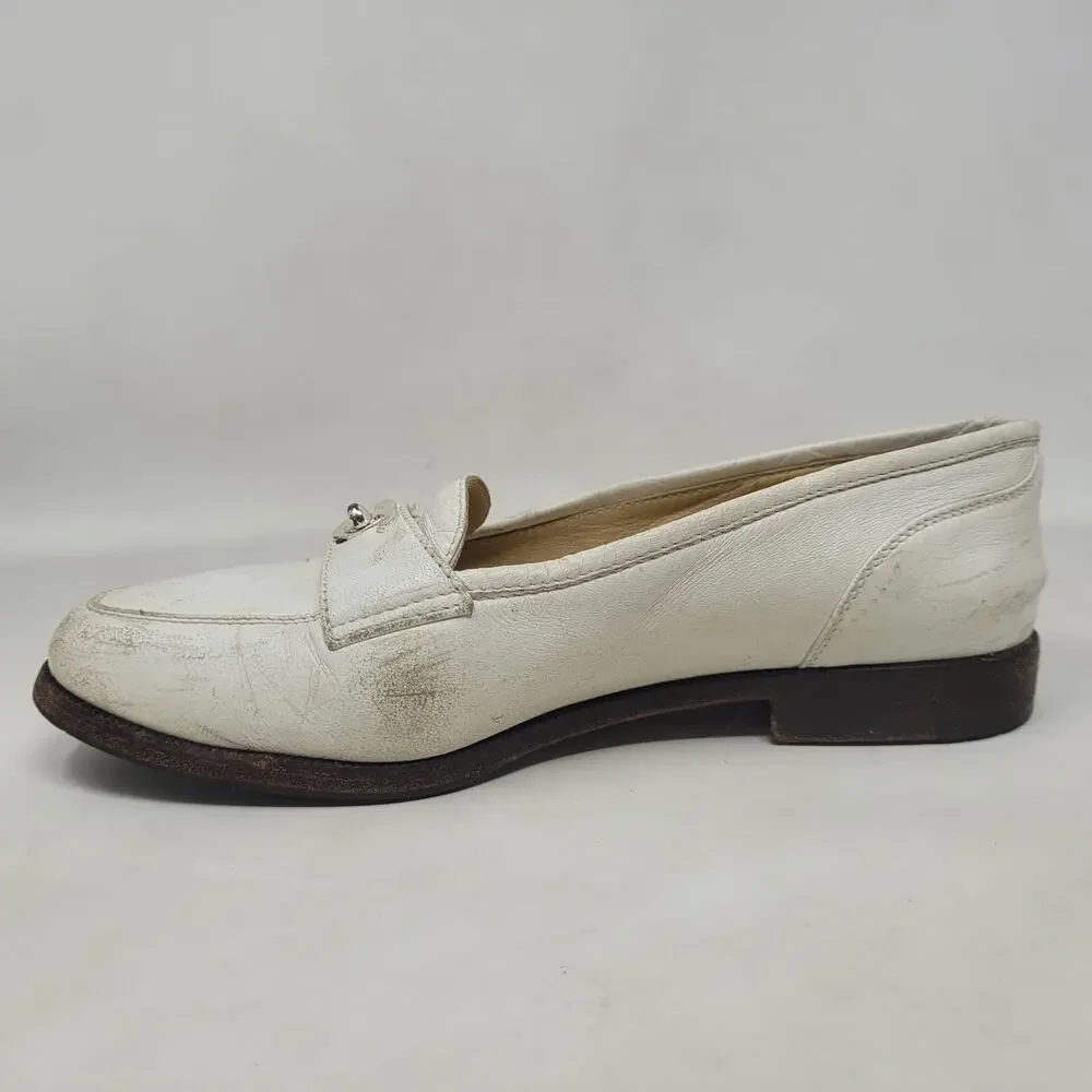VTG Chanel Shoes 5 Cream Leather Loafers Flats CC Turnlock Old Money Luxury‎ 90s